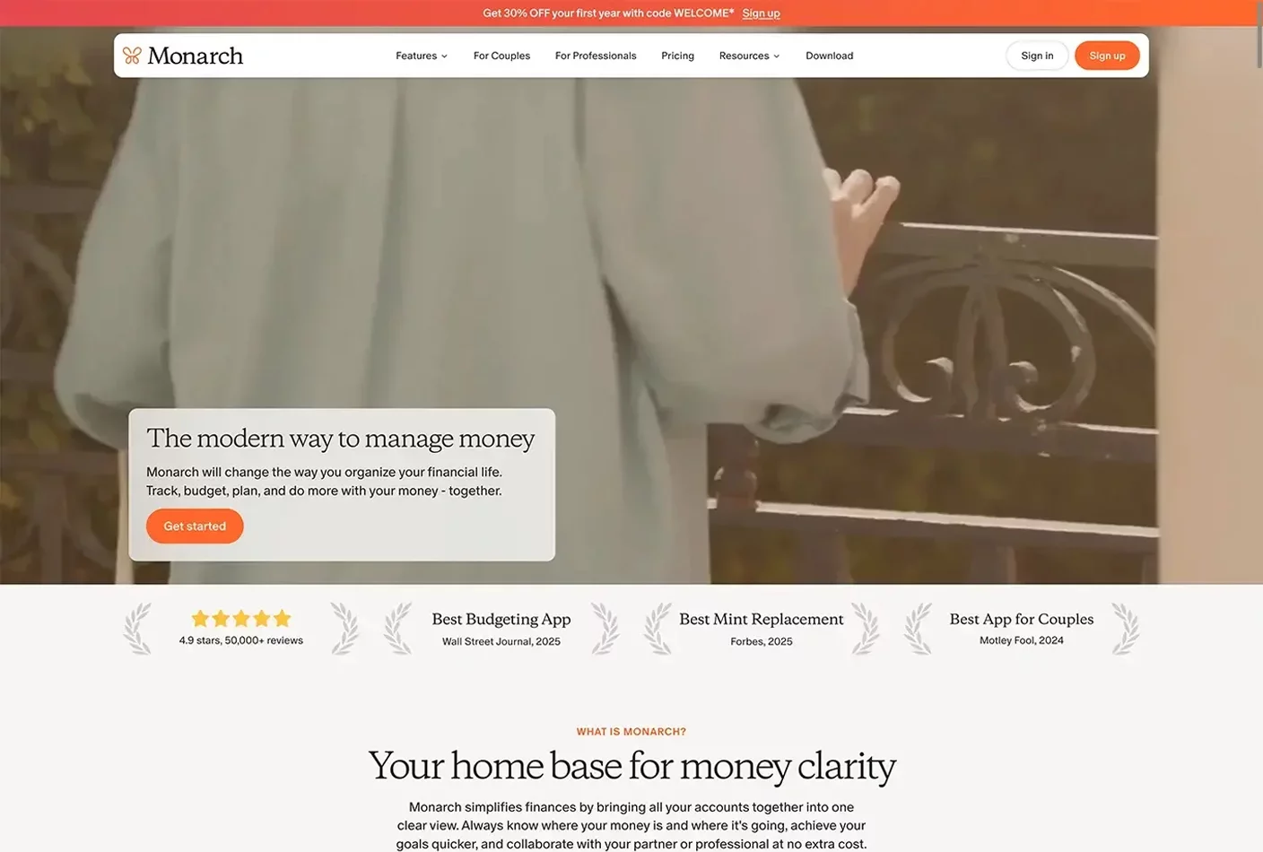 Homepage of Monarch Money’s website with a calm, modern layout and clear sections focused on budgeting and shared financial planning.