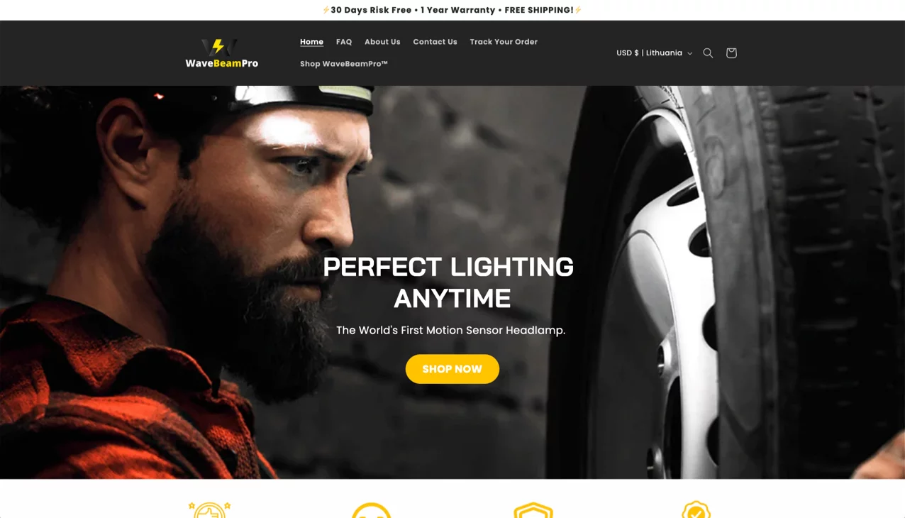 One-product Shopify store WaveBeamPro featuring LED motion-sensor headlamp with benefit-driven content.