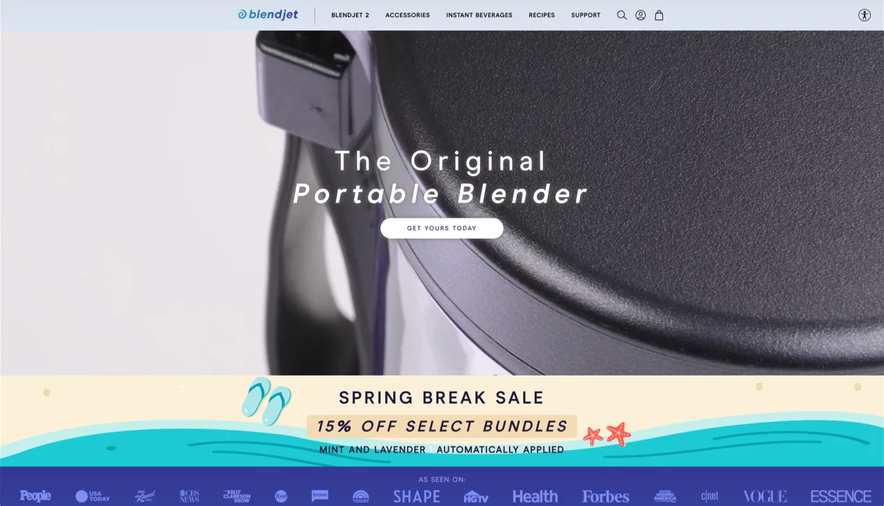 Product page from BlendJet Shopify store showing portable blender with video demo and bold call-to-action.