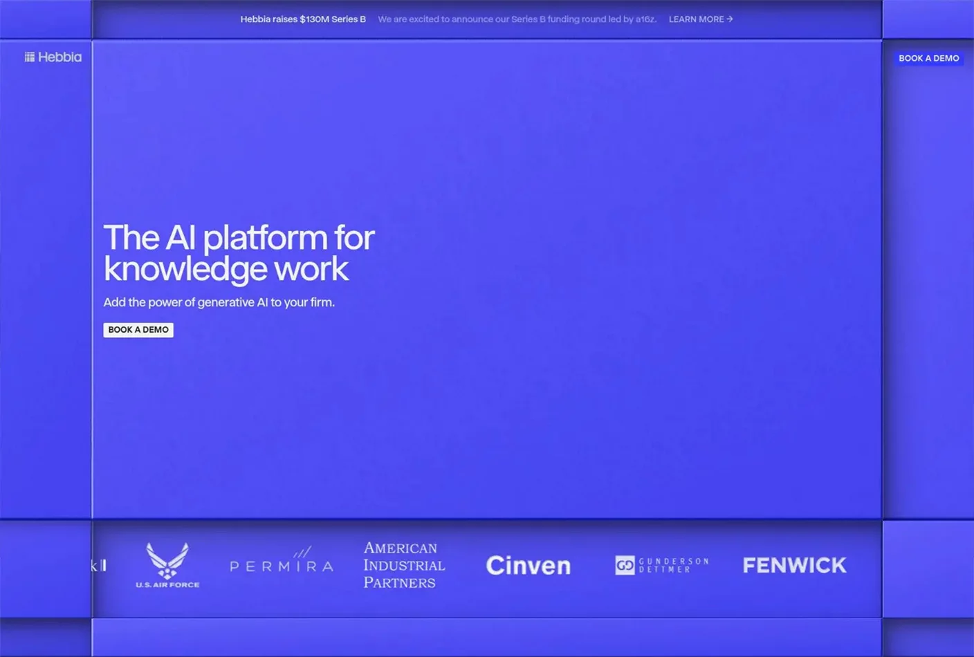 Homepage of Hebbia’s website showcasing a sleek dark-themed design with bold typography, clear navigation, and industry-specific callouts for finance, law, and corporate users.