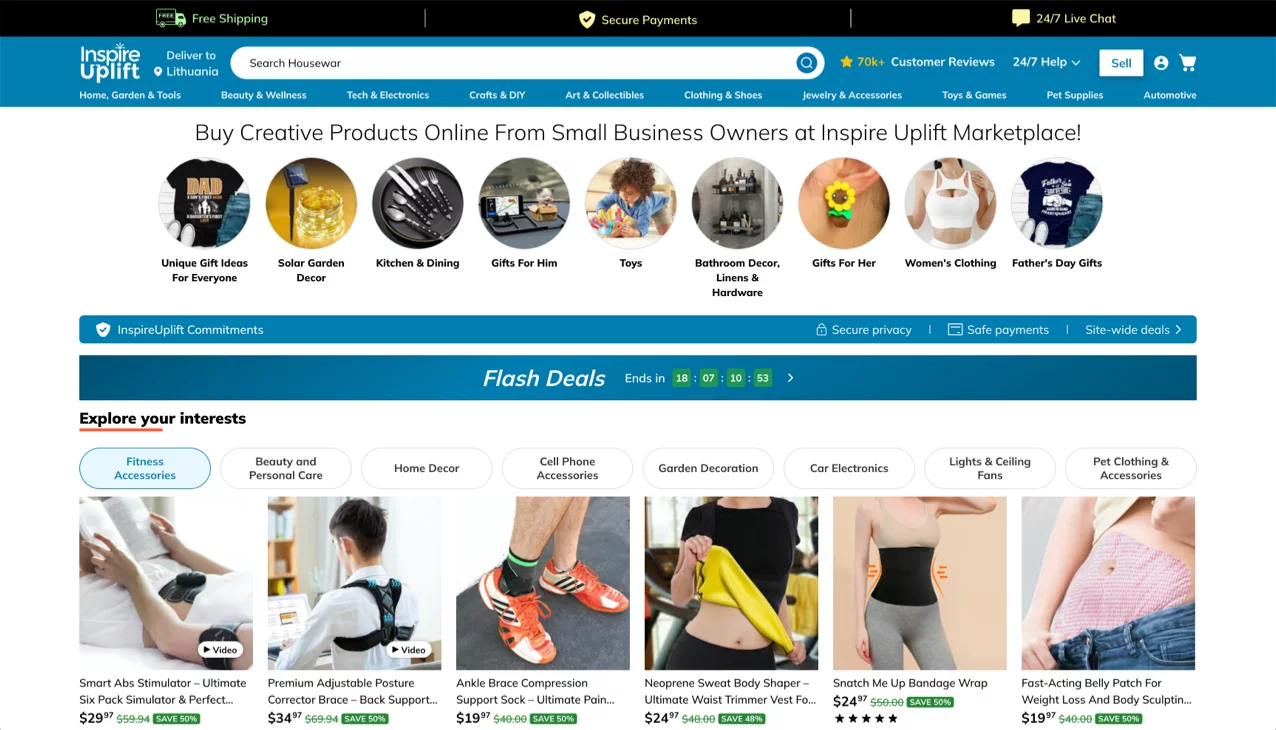 Homepage of Inspire Uplift dropshipping store featuring trending products, deal banners, and gift categories.