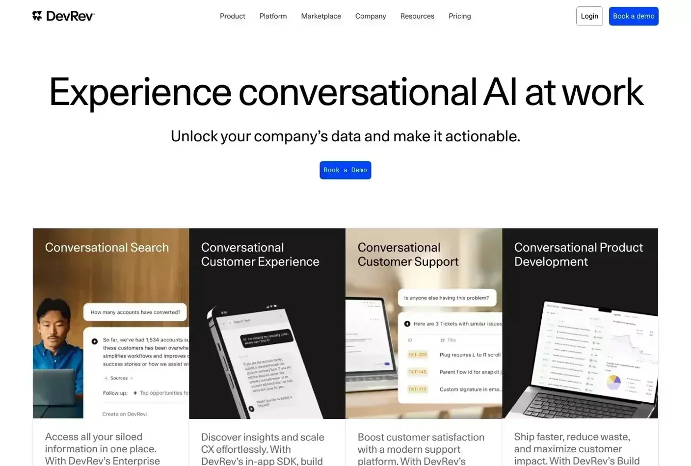 Homepage of DevRev’s website with a dark, modern interface and modular sections focused on AI-powered support and product tools.