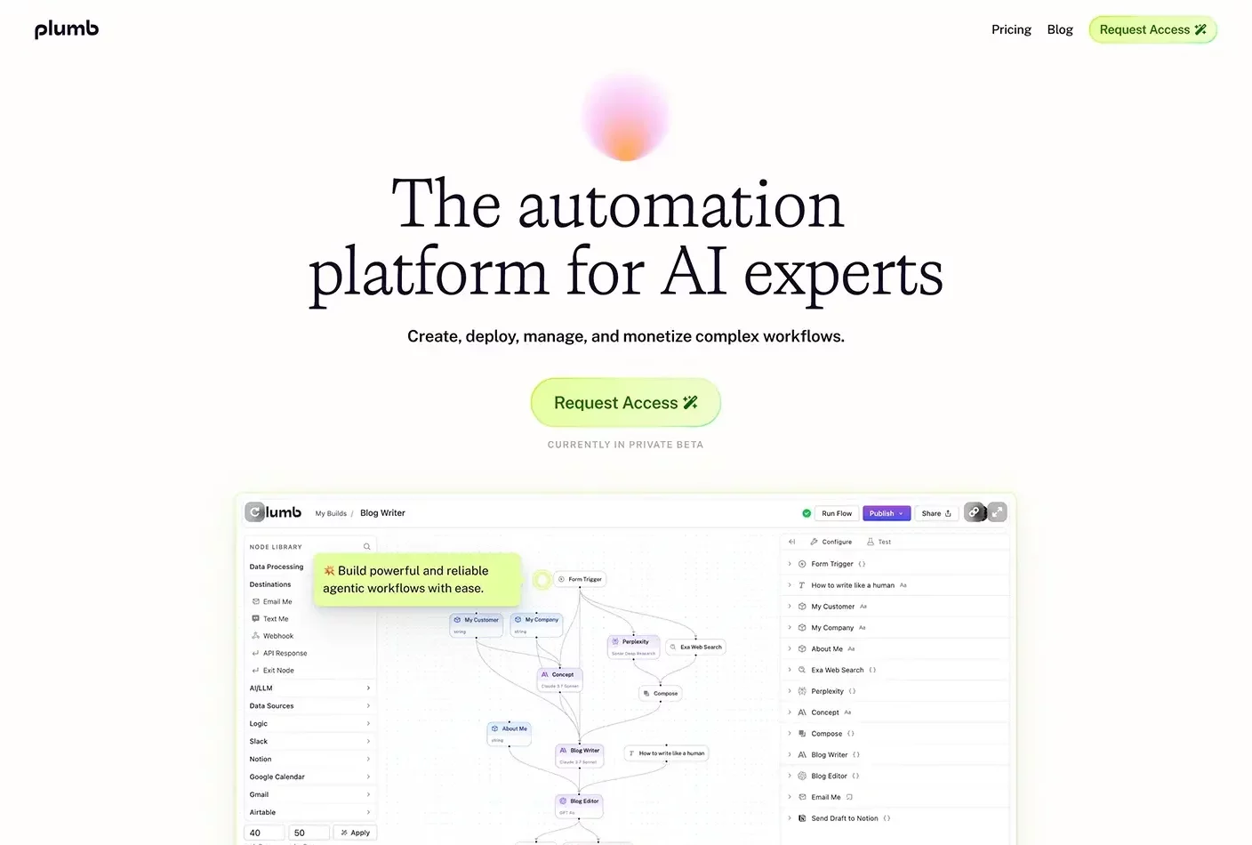 Homepage of Plumb’s website featuring a dark, modern layout with bold type and interactive visuals for no-code AI workflows.