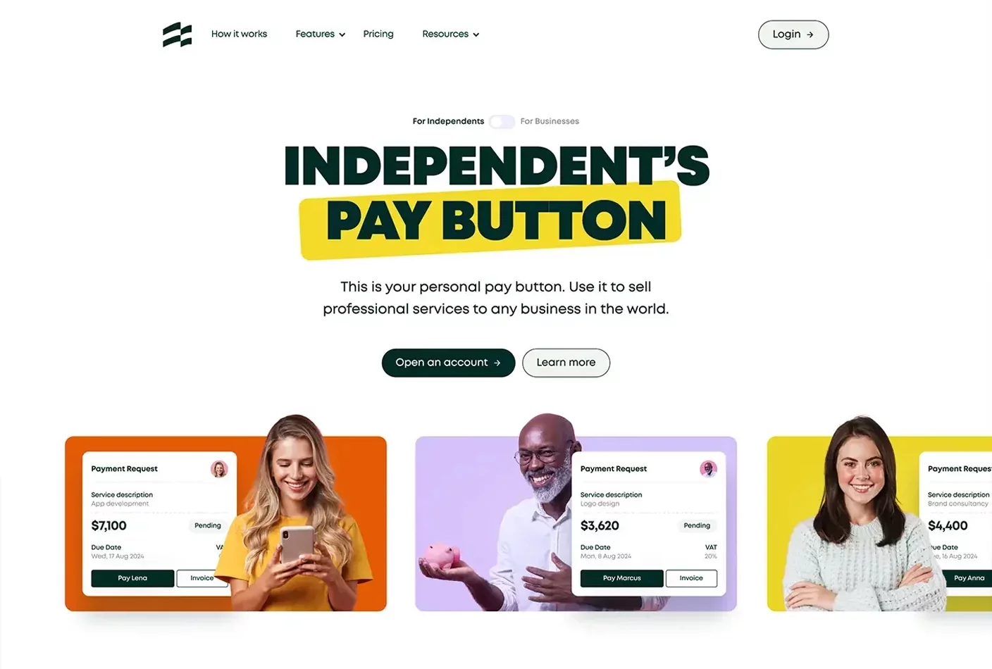 Homepage of Ruul’s website showing a clean, minimalist layout with distinct sections for freelancers and businesses.