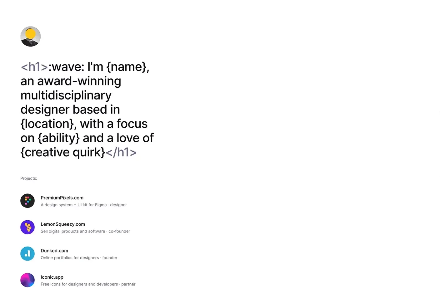 Personal website example of Orman Clark – minimal about me page with project list, bio, and social media links for designers.