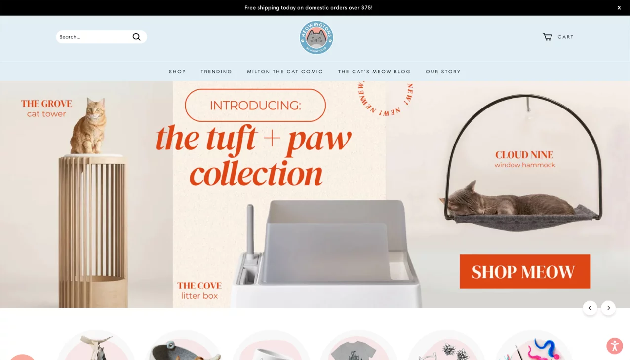 Meowingtons Shopify store selling cat-themed apparel and accessories with playful branding and product grid.