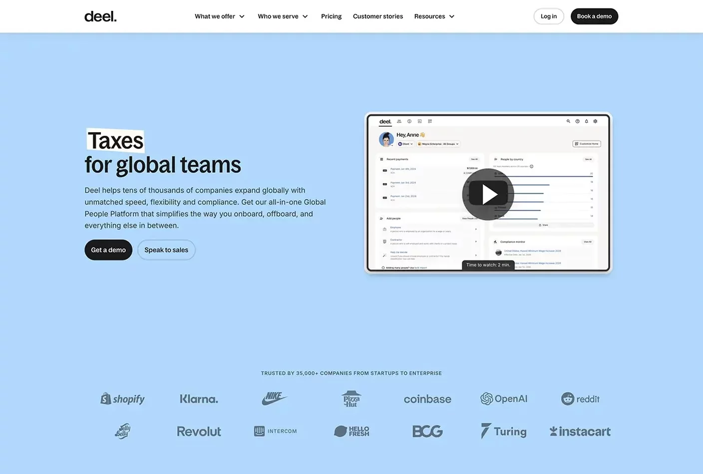 Homepage of Deel’s website featuring a clean, structured layout with global workforce messaging and enterprise-ready design.