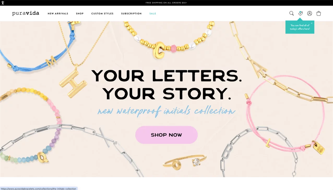 Pura Vida Shopify store featuring colorful bracelets, brand story banners, and subscription options.