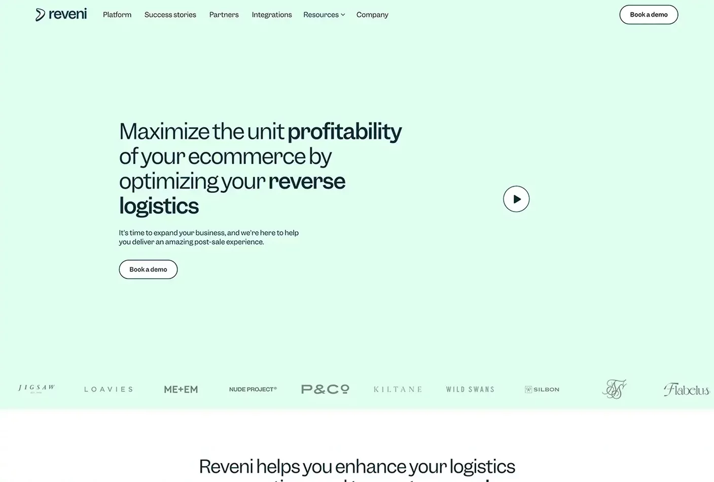 Homepage of Reveni’s website with a clean, gradient-based design and focused messaging around eCommerce refund automation.