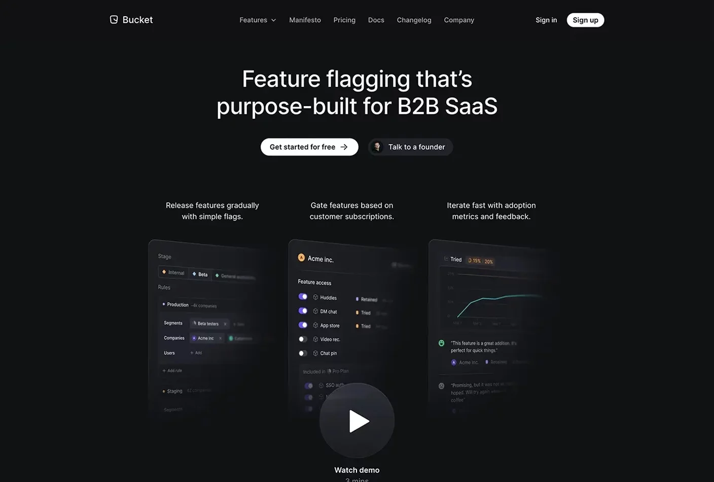 Homepage of Bucket’s website featuring a minimalist, developer-focused design with modular content blocks and product-focused navigation.