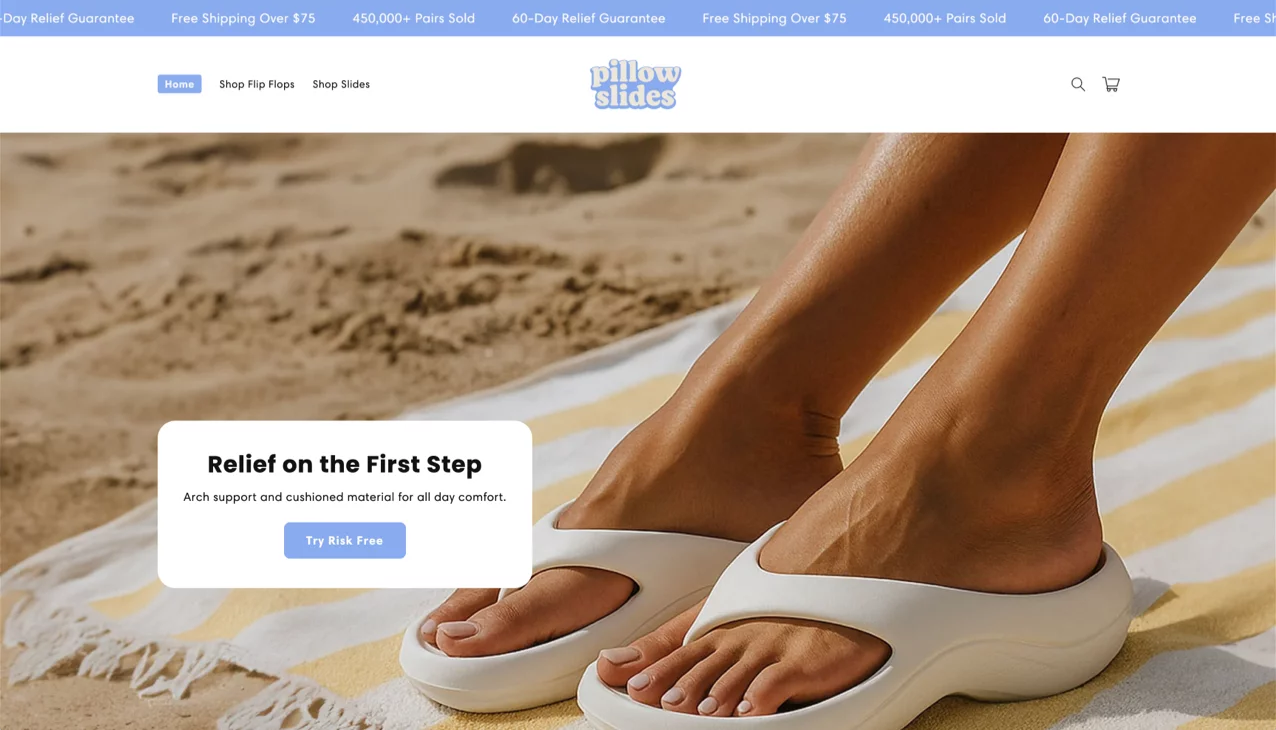 Product page from Pillow Slides Shopify store highlighting cushioned slides with bold reviews and social proof.