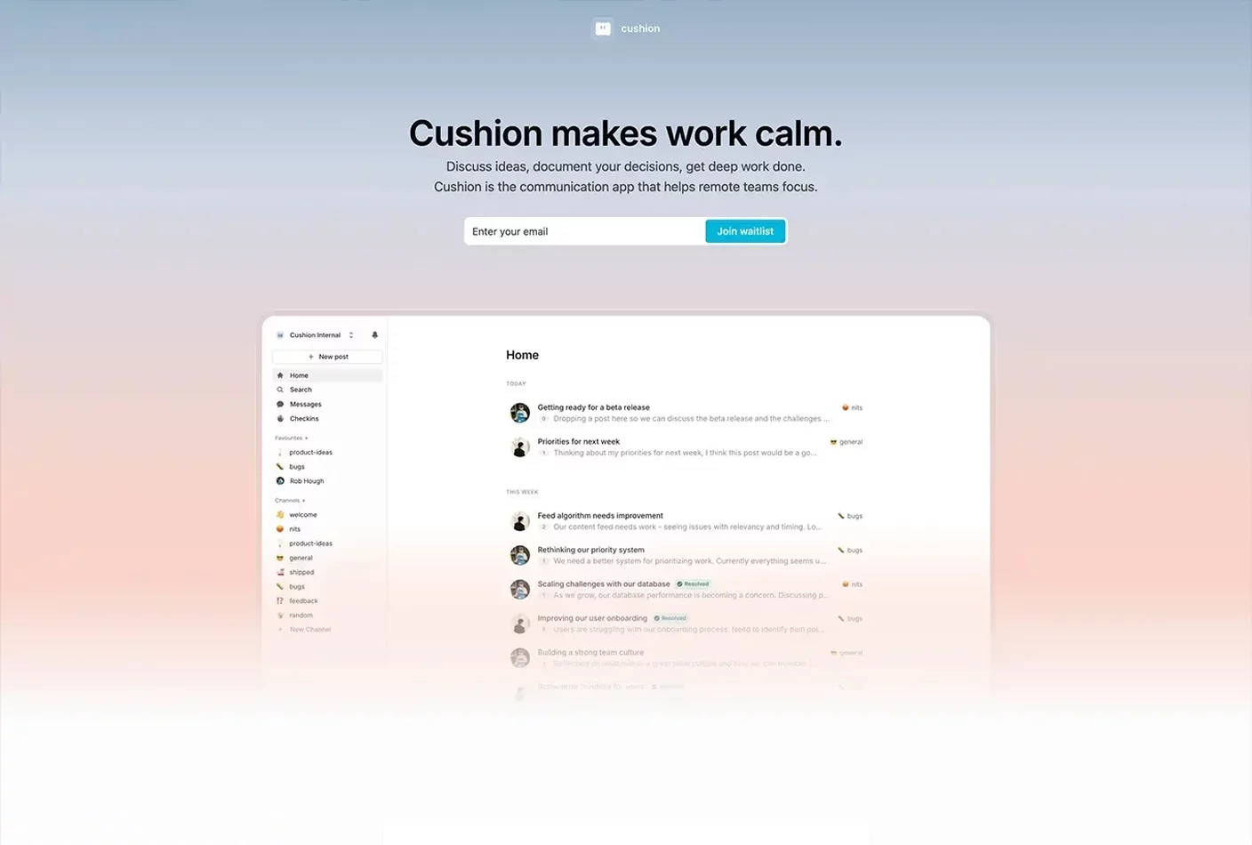 Homepage of Cushion’s website featuring a clean, minimal design with sections highlighting async posts, decision tracking, and automated check-ins.